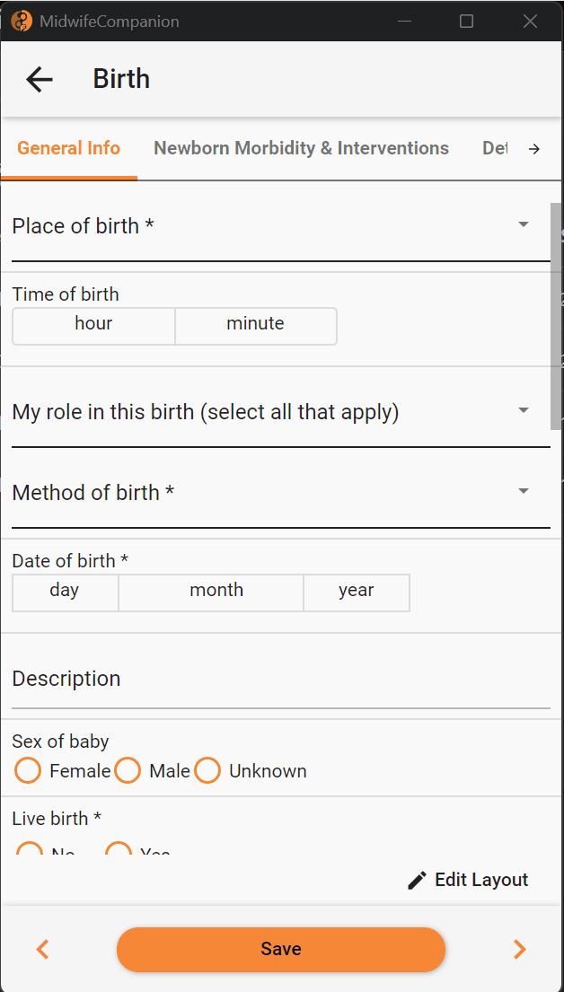 Animated demo of the Midwife Mobile Stats app's General tab, showing a midwife navigating the screens to log a birth.