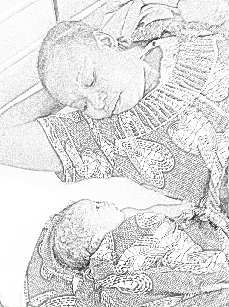 A pencil-sketch portrait of a mother and her newborn against patterned cloth.