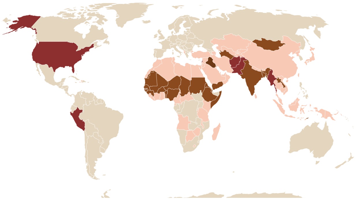 Color-coded world map of Midwives @ the Edges priority and active countries.